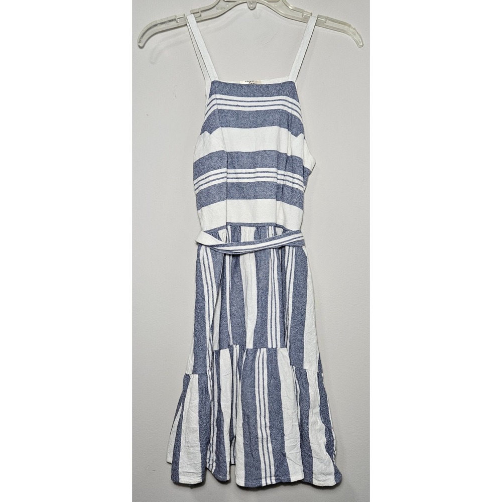 Dizzy Lizzy Blue White Striped‎ Cotton Mini Dress Petite Small Tiered Belted SP